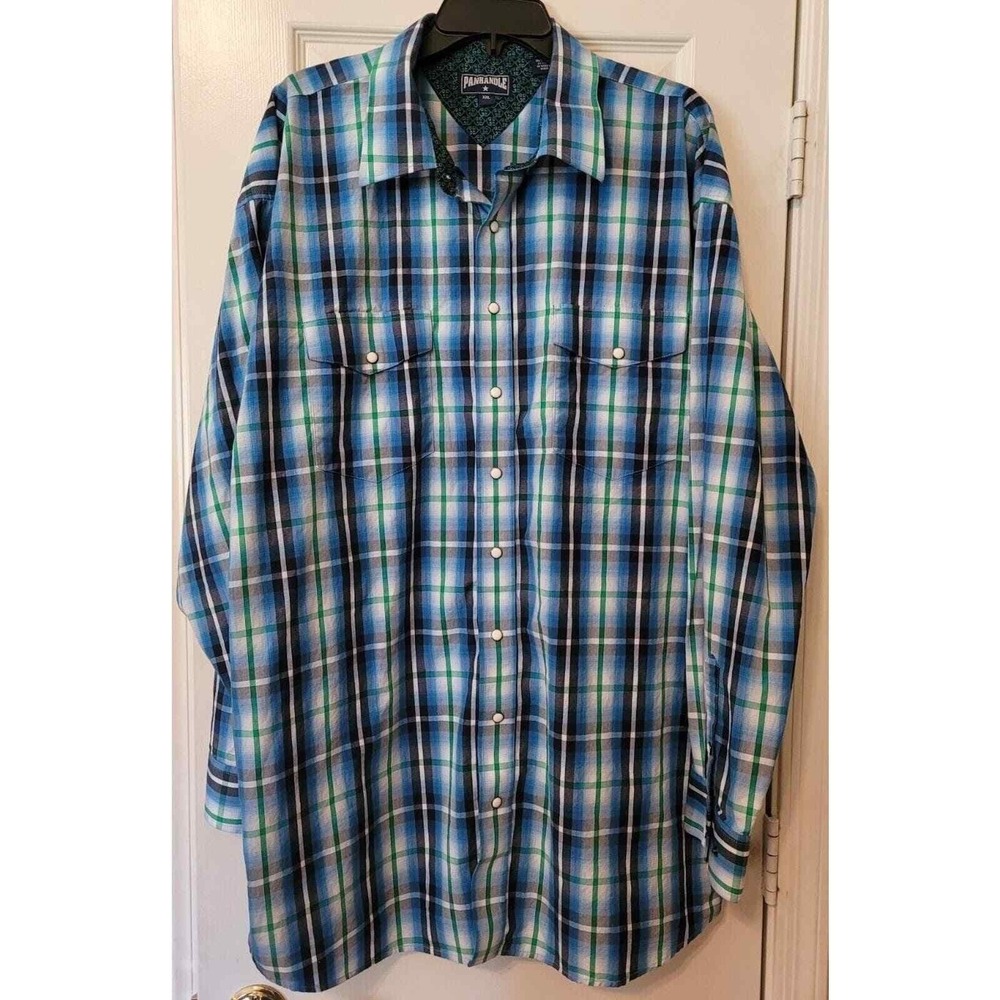 Panhandle Mens XXL Western‎ Pearl Snap Long Sleeve Shirt Plaid Blue Green Cotton